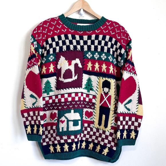 VTG 90s The Eagles Eye Hand Knit Ugly Christmas Sweater Size M Patchwork Holiday - Picture 1 of 13
